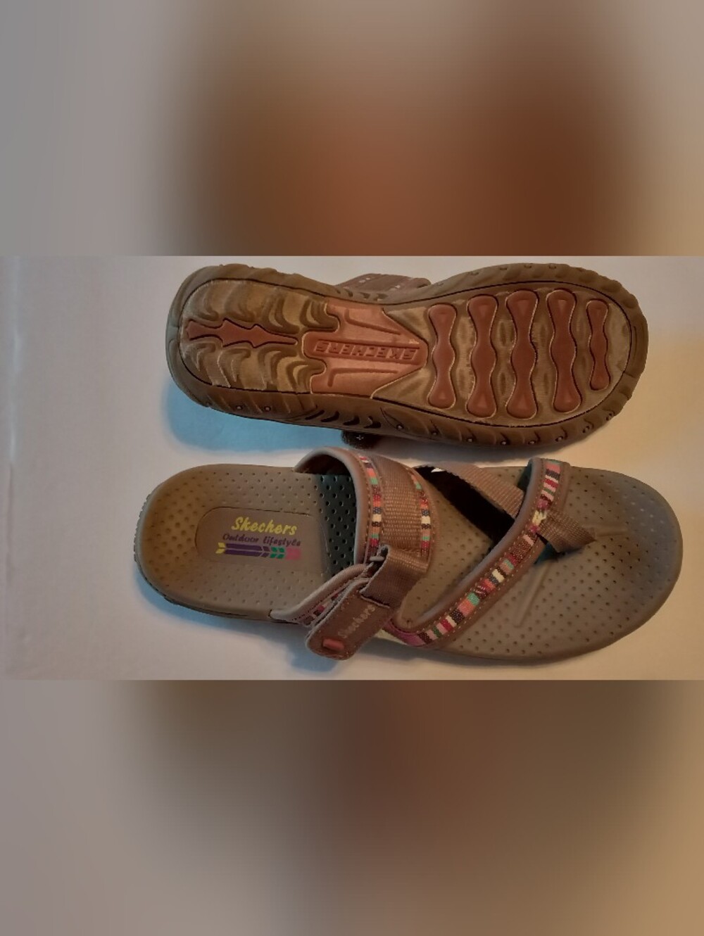 Skechers Brown Strappy Slide Sandals with Multi-Color Trim - Picture 3 of 7